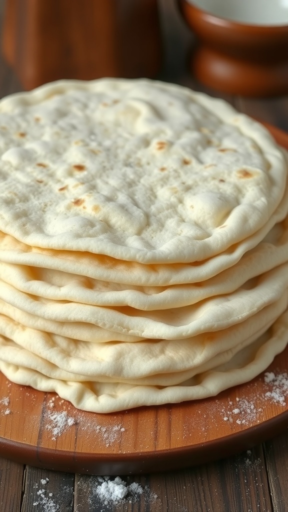 A stack of homemade flour tortillas on a wooden table, ready for serving.
